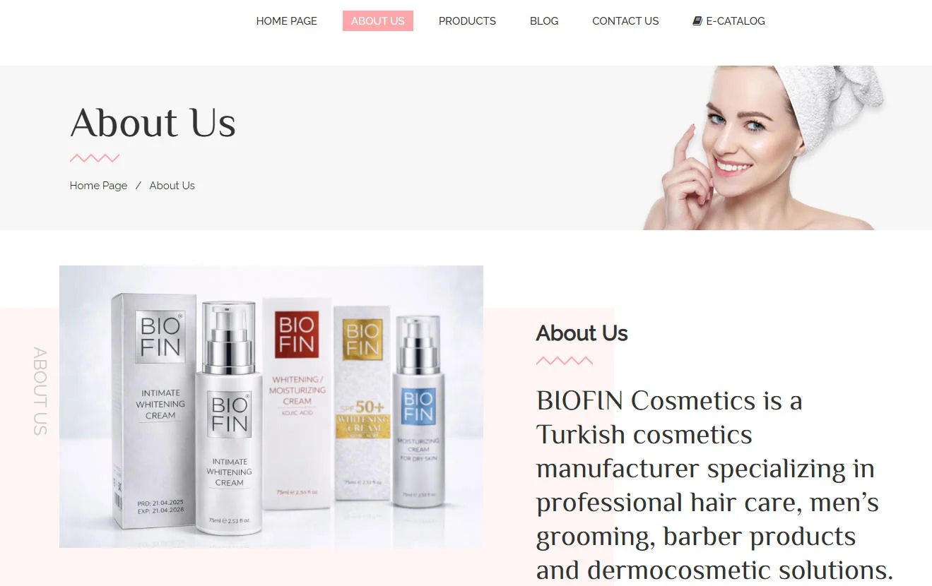 BIOFIN Cosmetics About Us page featuring product line and company information.